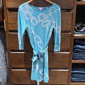 Lilly Pulitzer Womens Sz M Blue Jonah Lock and Chain Ponte Knit Tie Belt Dress
